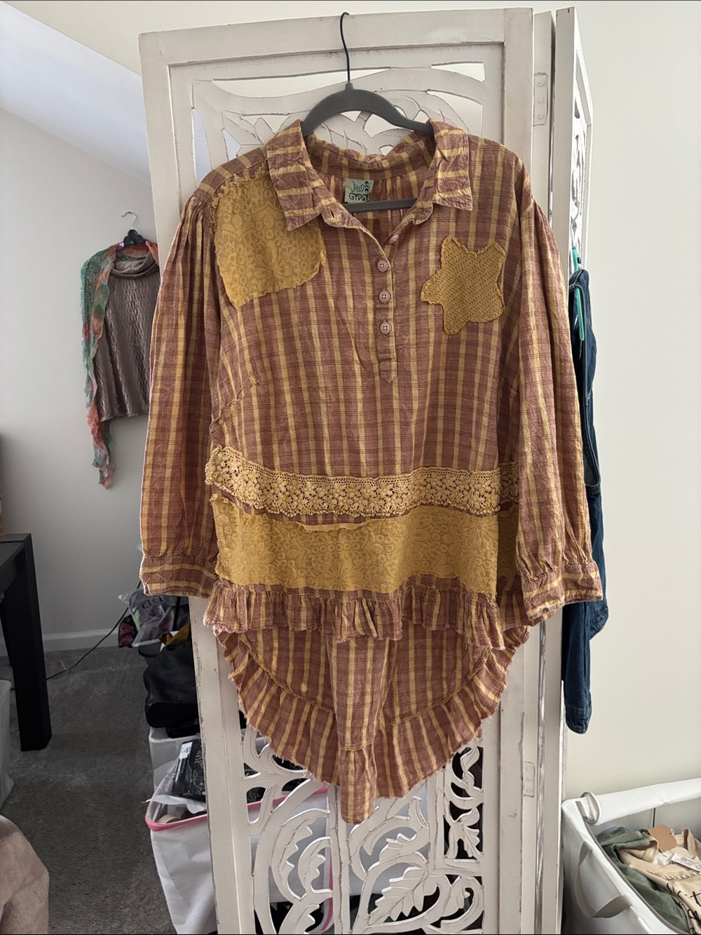 Striped Tunic Top with Lace Patchwork - Mustard/Brown